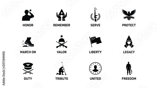 Tableau sur toile Minimalist military inspired flat vector icons set showcasing honor duty and pat