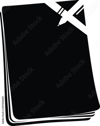 Black notebook with pen on crisp white background symbolizing blank page for ideas and planning