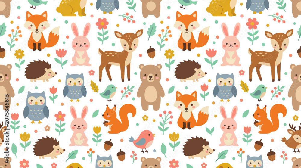 Fototapeta premium Cute Flat Cartoon Vector Illustration Seamless Pattern of Adorable Woodland Forest Animals for Kids and Baby Products