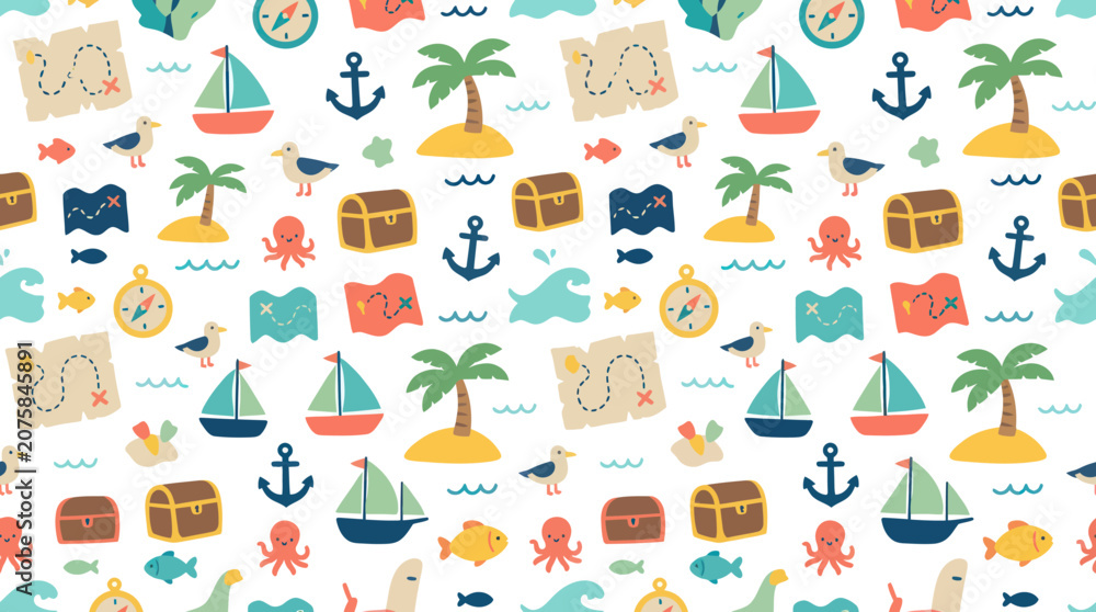 Fototapeta premium Flat Cartoon Maritime Adventure Seamless Pattern with Pirate and Ocean Elements