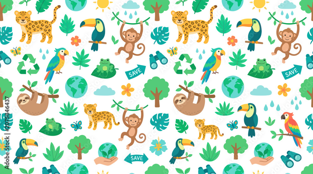 Fototapeta premium Cute Animals and Nature Pattern, Flat Style, Eco-friendly Concept