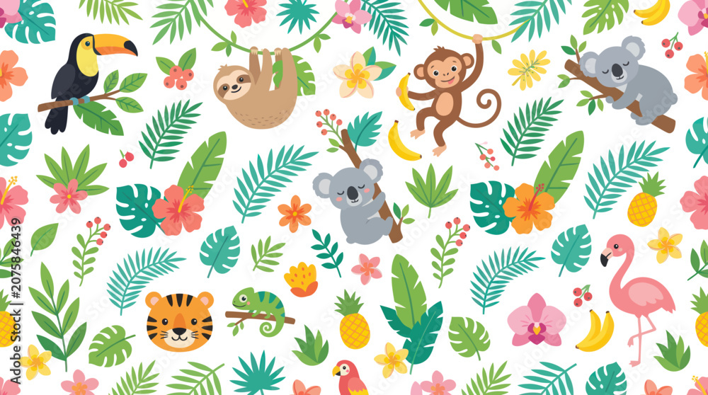 Fototapeta premium Cute Tropical Jungle Animals and Leaves Flat Vector Seamless Pattern for Kids and Nature Designs