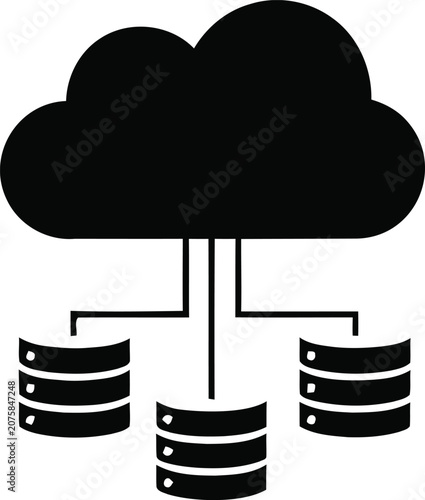Cloud computing icon connected to three database servers in black silhouette against white background