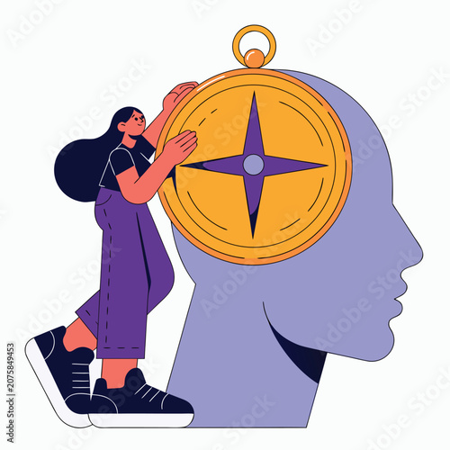 Woman Holding Compass in Human Head Profile for Guidance and Direction Concept