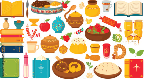 Photos Traditional Russian National Food and Culture Vector Element Set with Books, Bor