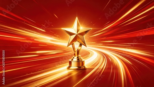 Glowing golden star trophy on sweeping red background, Corporate performance award concept.
