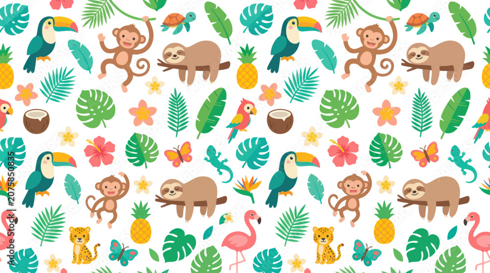 Fototapeta premium Cute Tropical Jungle Animals Seamless Pattern Flat Design