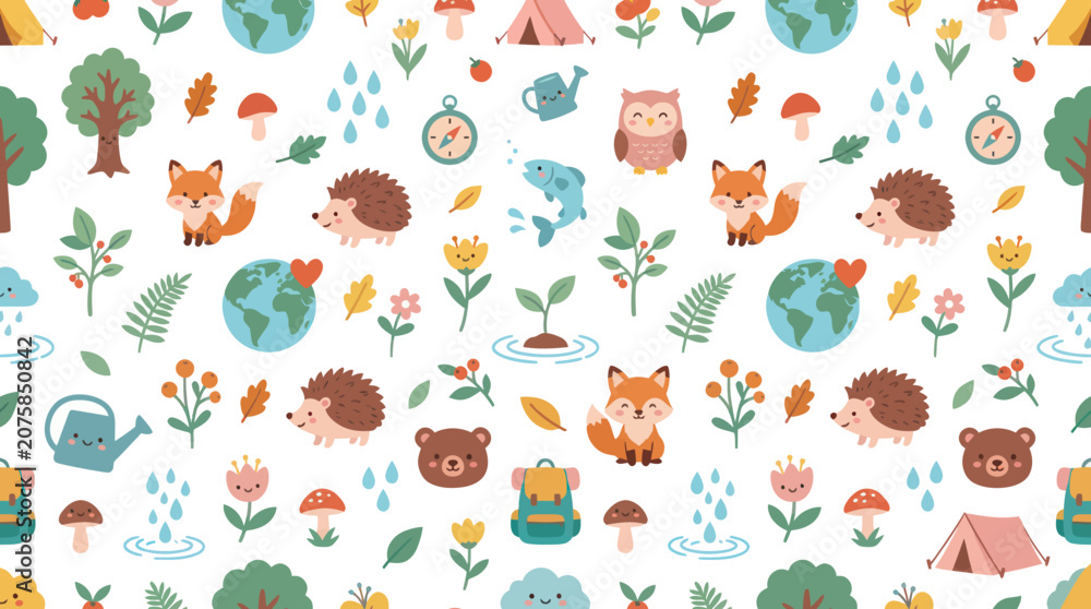 Fototapeta premium Cute Forest Animals and Nature Elements Seamless Pattern, Flat Vector Art