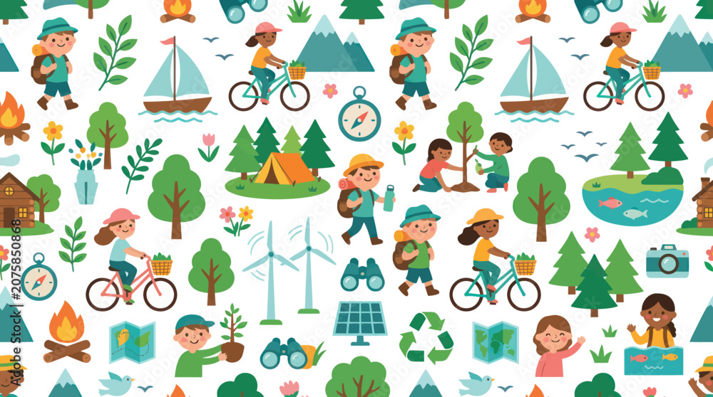 Fototapeta premium Cheerful Flat Vector Seamless Pattern: Kids' Outdoor Nature Adventures Eco-Friendly Activities