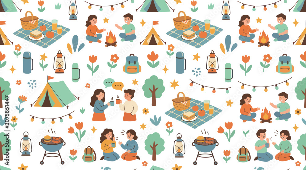 Fototapeta premium Camping seamless pattern with flat vector illustrations of people, campfires, tents, and picnics for outdoor recreation.