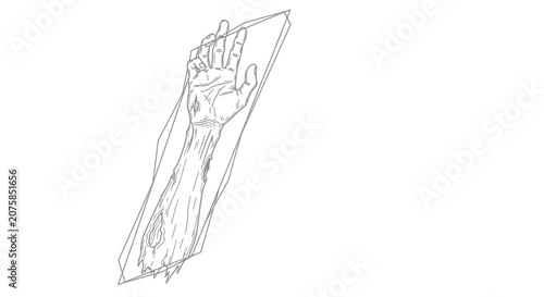 Hand emerging from a geometric frame, concept of transformation, art, and creativity