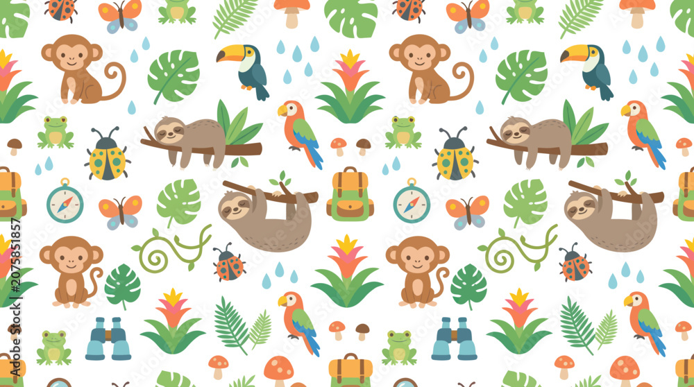 Fototapeta premium Cute Jungle Animals and Tropical Plants Seamless Pattern, Flat Style