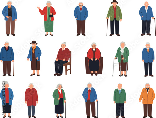 Set of various elderly people standing and sitting using walking canes and walkers in casual colorful clothing collection of senior characters for design projects