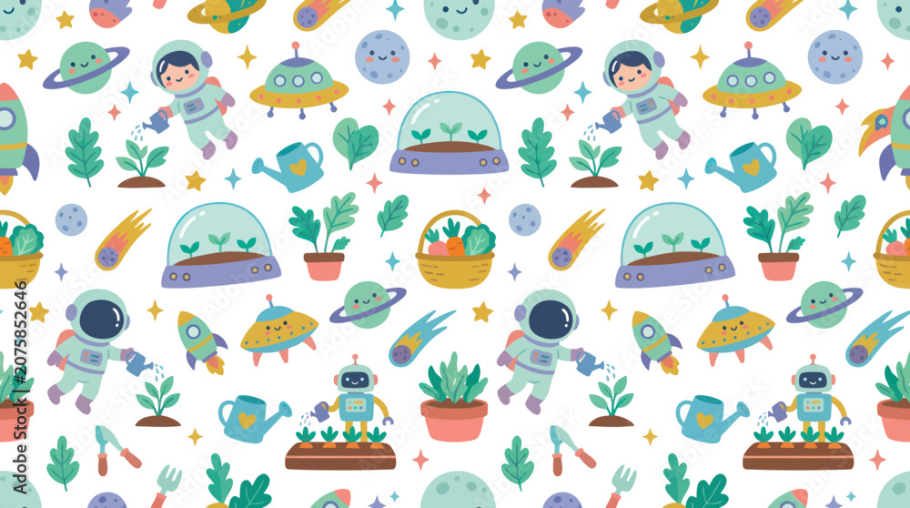 Fototapeta premium Cute Space Adventure Pattern: Astronauts, Robots, Rockets Planets