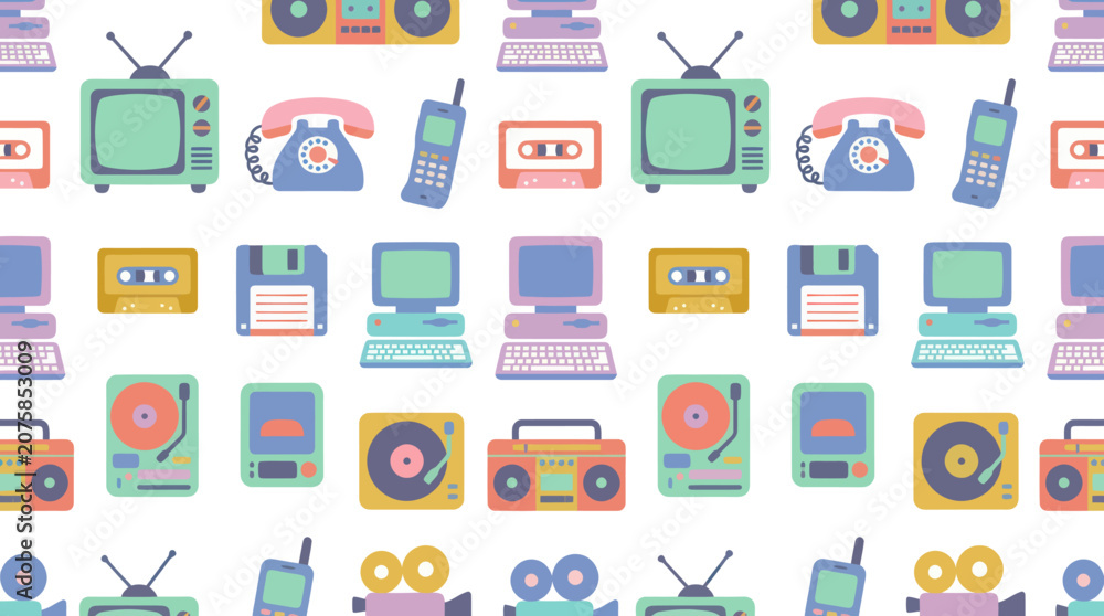Fototapeta premium Retro Technology Flat Vector Seamless Pattern: Vintage Electronic Gadgets and Devices