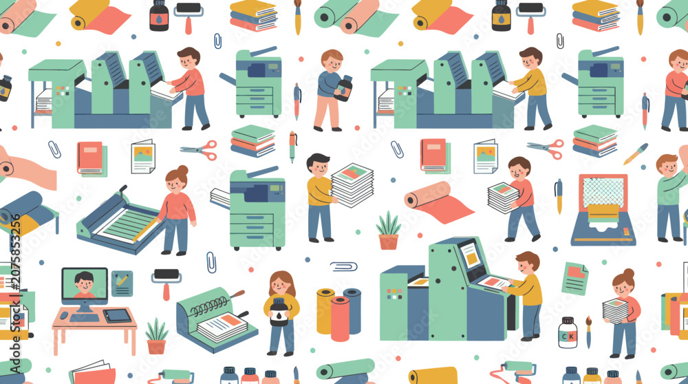 Fototapeta premium Printing Industry Flat Illustration Seamless Pattern with Offset and Digital Machines, Paper, Books, and Workers.