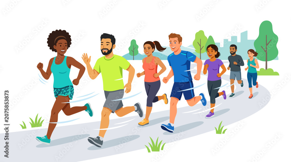 Obraz premium Diverse Group of People Jogging and Running in a Sunny City Park Flat Vector Illustration