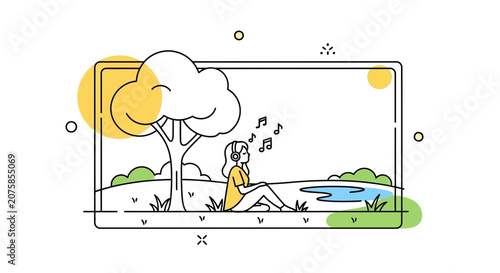 Woman listening to music outdoors, enjoying nature, minimalist line art