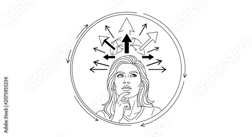 Woman Thinking About Many Options, Decision Making, Brainstorming, Confusion, Strategy