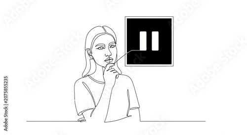 Woman thinking about pause button, contemplating a break or decision
