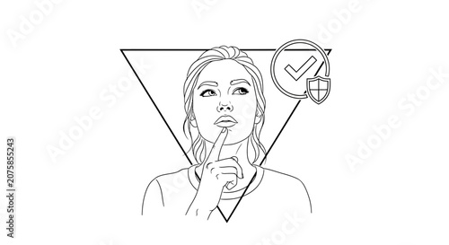 Woman thinking about security and protection, with checkmark and shield icon