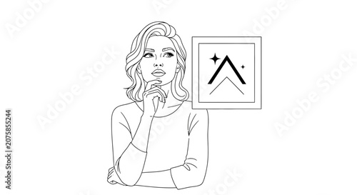 Woman thinking about success and achievement, represented by upward arrows and stars