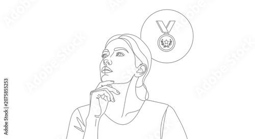 Woman thinking about success and achievement, illustrated medal symbol above head