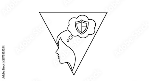 Woman Thinking About Security, Protection, Safety, Shield Icon in Thought Bubble