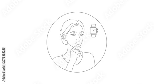 Woman Thinking About Smartwatch, Decision Making, Modern Technology Concept