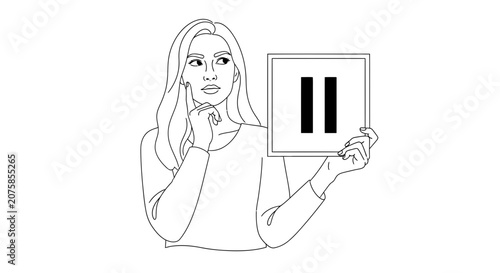 Woman Thinking Holding Pause Button Symbol, Decision Making, Break Time Concept