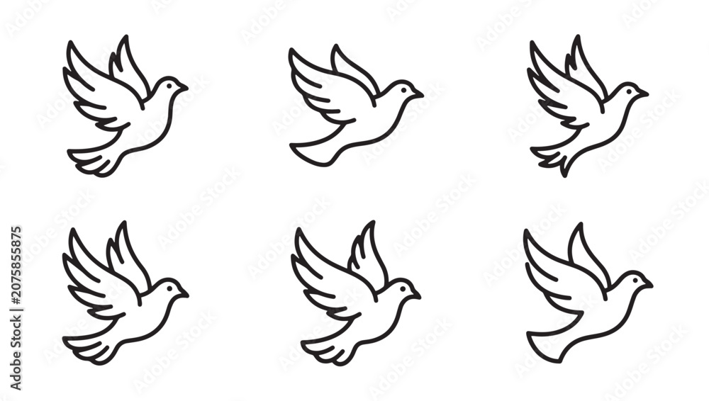 Obraz premium Collection of six flying dove icons in line art style for peace and freedom concepts with wildlife illustration collection minimalist isolated movement doveofpeace religious iconography