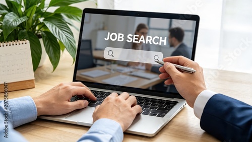 Person searching for jobs on laptop screen displaying job search interface, career hunting online, employment opportunity finder, professional recruitment platform