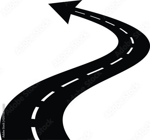 Winding road with dashed lines and arrow pointing down in a stylized graphic
