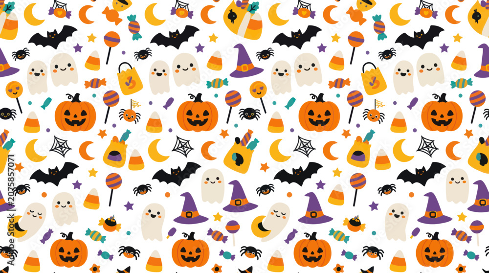 Fototapeta premium Halloween Pattern: Cute Ghosts, Pumpkins, Bats, and Candy - Vector Art
