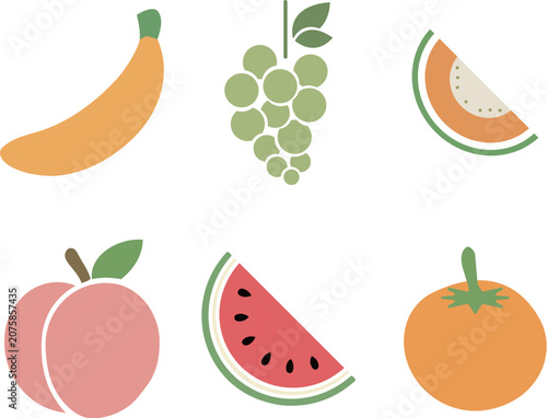 Fresh fruit flat icon set, banana, grapes, melon, peach, watermelon, tomato vector