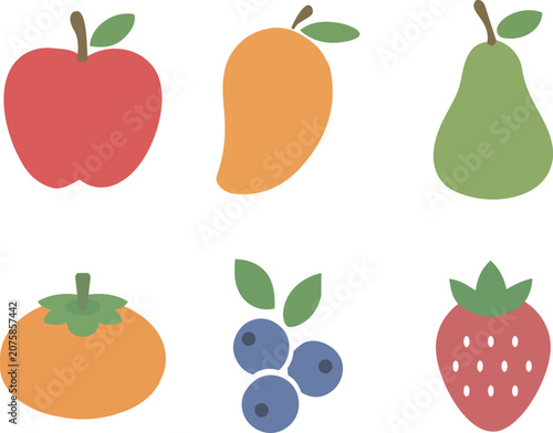 Fresh fruit flat icon set, apple, mango, pear, persimmon, blueberry, strawberry vector
