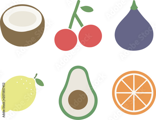 Fresh fruit flat icon set, coconut, cherry, fig, lemon, avocado, orange vector
