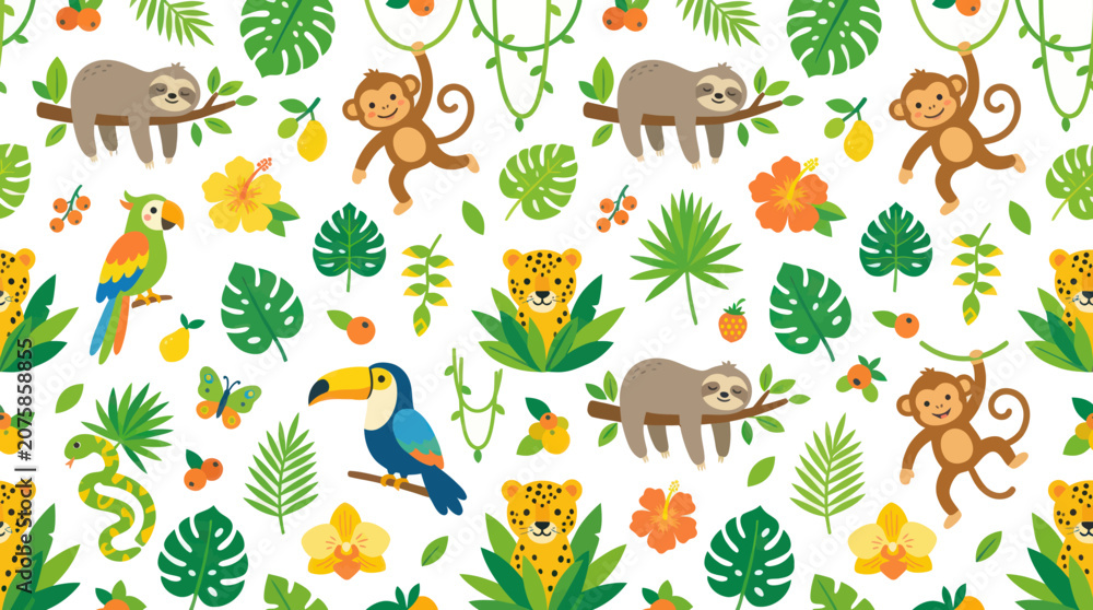 Fototapeta premium Cute Cartoon Tropical Jungle Animals Seamless Pattern with Sloths, Monkeys, Leopards, Birds Leaves Flat Vector Art