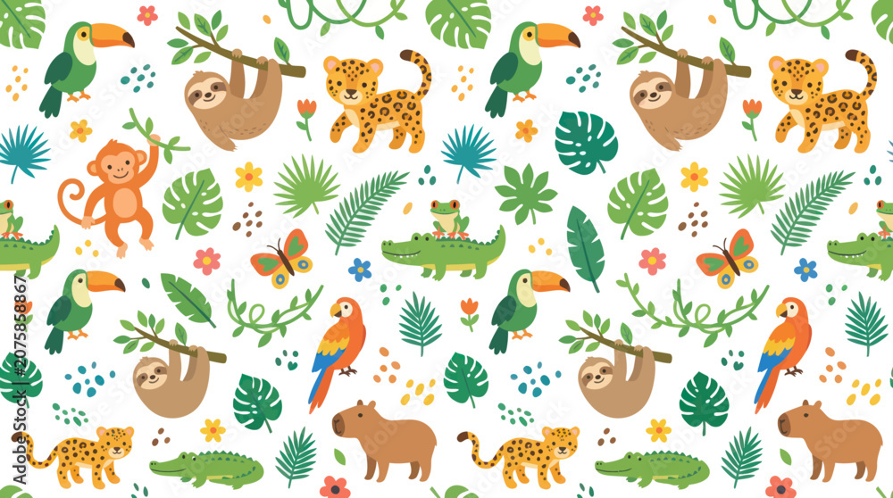 Fototapeta premium Cute Cartoon Jungle Animals Seamless Pattern. Tropical Wildlife Rainforest Leaves Flat Vector Illustration for Kids.