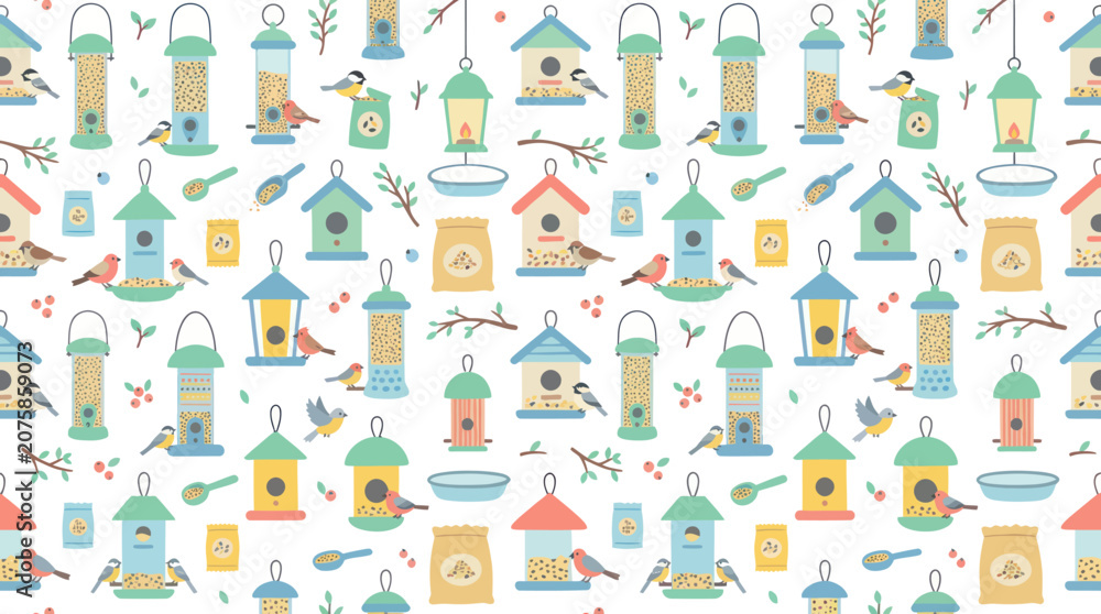 Fototapeta premium Seamless Pattern of Cute Bird Feeders and Birds, Flat Style Vector Illustration