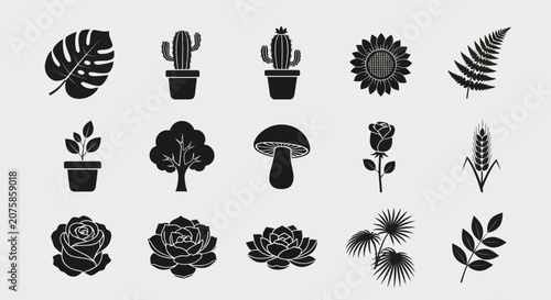 Bild auf Leinwand Various plants and flowers are displayed in a collection of black silhouettes on a white background