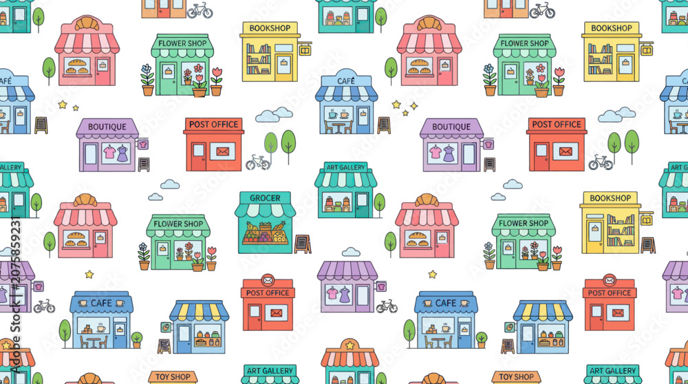 Fototapeta premium Cartoon Flat Outline Illustration Seamless Pattern: Diverse Retail Shops Small Business Storefronts