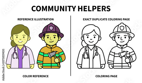 Schilderij op canvas Community helpers coloring pages book for kids with pen markers worksheet