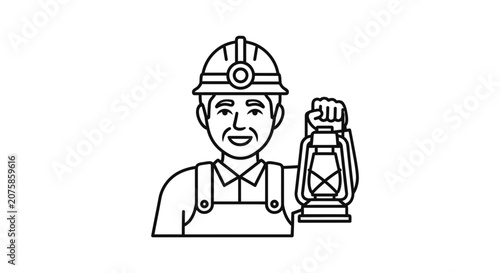 Miner with Lantern, Hard Hat, Overalls, Black and White Line Art Icon