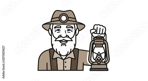 Miner with Lantern, Cartoon Style, Holding Lighted Lamp, Vintage Miner Outfit