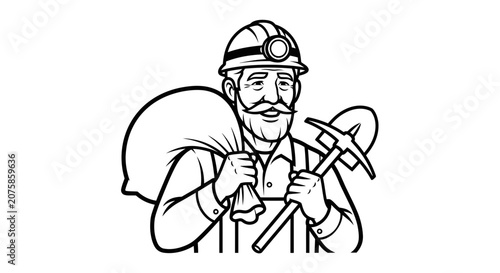 Miner with Pickaxe and Sack, Vintage Style, Black and White Illustration