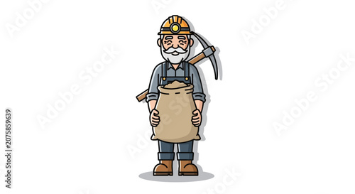 Miner with Pickaxe and Sacks of Ore, Cartoon Style