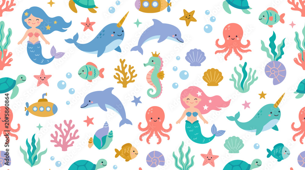 Obraz premium Cute Cartoon Seamless Pattern with Mermaids, Sea Creatures, and Underwater World Elements - Flat Illustration for Kids
