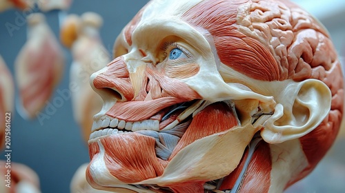 Detailed anatomical model of the human head showcasing muscles and structure