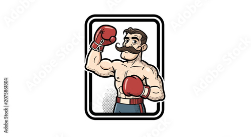 Vintage Boxer with Moustache and Red Gloves, Flexing Biceps, Retro Sports Illustration